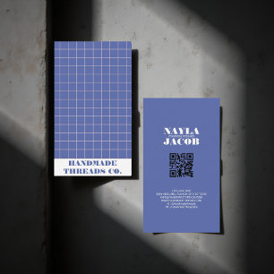 Modern Electric Blue Chequered Pattern QR Code  Business Card