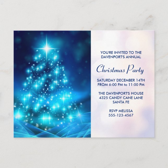 Modern Electric Blue Christmas Tree Party Invite Postcard (Front)