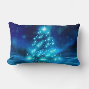 Modern Electric Blue Christmas Tree with Lights Lumbar Cushion