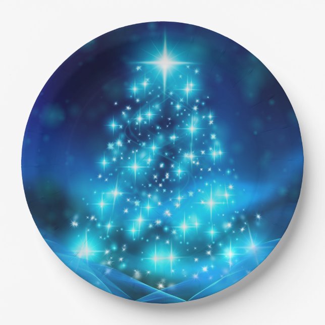 Modern Electric Blue Christmas Tree with Lights Paper Plate (Front)