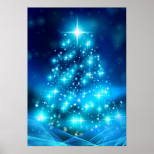 Modern Electric Blue Christmas Tree with Lights Poster