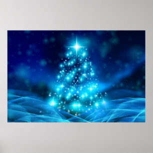 Modern Electric Blue Christmas Tree with Lights Poster