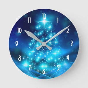 Modern Electric Blue Christmas Tree with Lights Round Clock