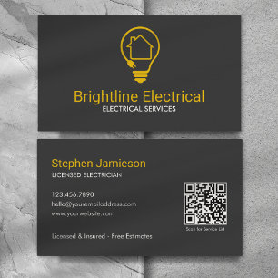 Modern Electrician Black Yellow QR Code Business Card