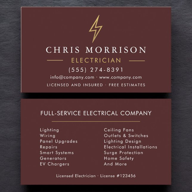 Modern Electrician Burgundy Gold Minimalist Business Card (Creator Uploaded)