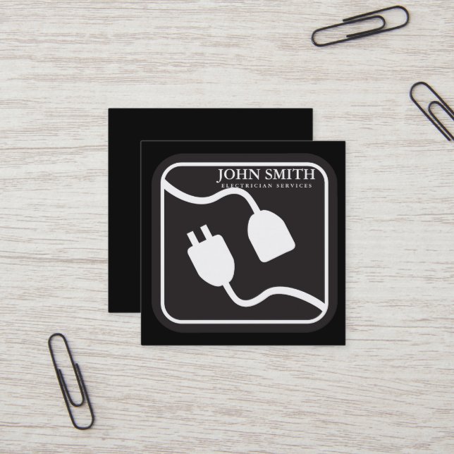 Modern Electrician Extension Cord Logo Black  Square Business Card (Front/Back In Situ)