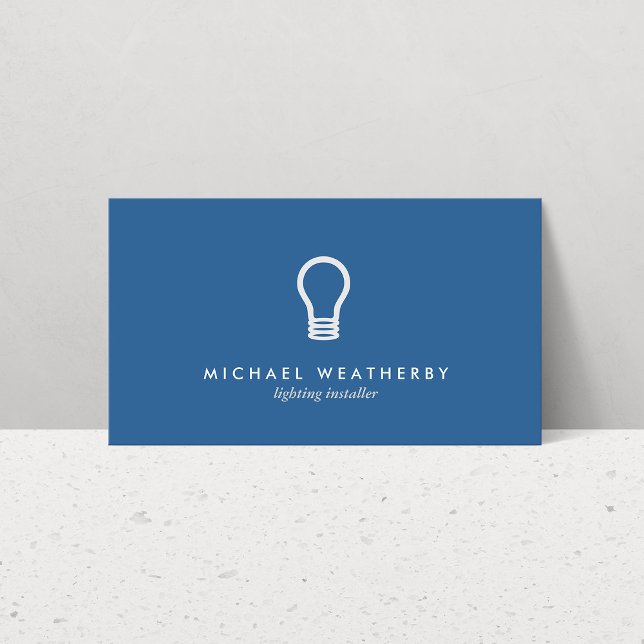 MODERN ELECTRICIAN LOGO LIGHTBULB on BLUE Business Card (Creator Uploaded)