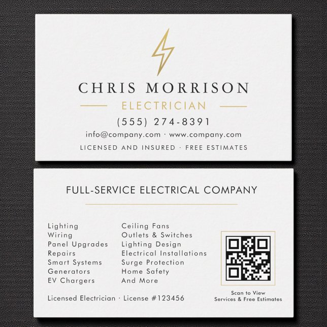 Modern Electrician Minimalist White Gold QR Code Business Card (Creator Uploaded)