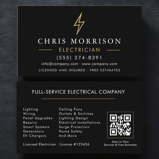 Modern Electrician QR Code Black Gold Minimal Business Card (Creator Uploaded)