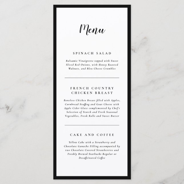 Modern Elegance Black and White Wedding Menu (Front)