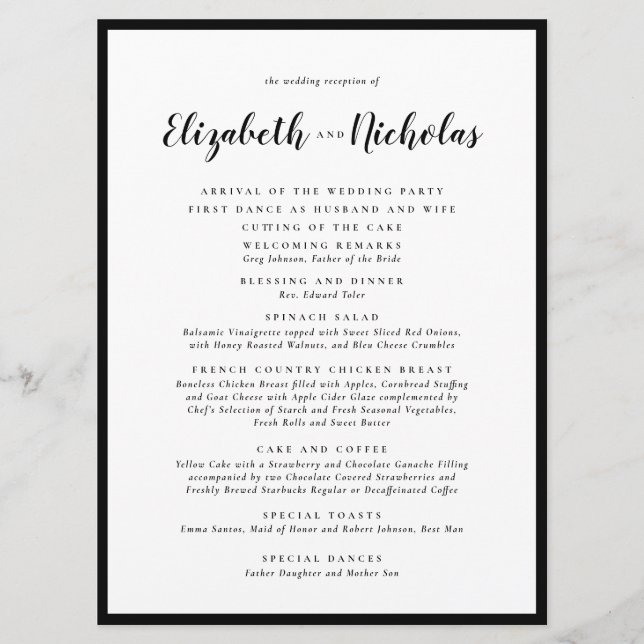 Modern Elegance Black and White Wedding Reception Program (Front)