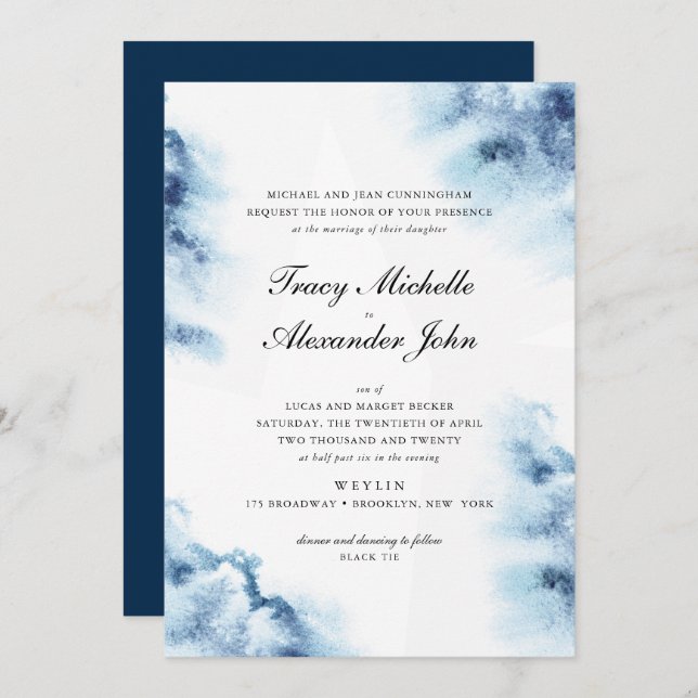 Modern Elegance Blue Watercolor Wedding Invitation (Front/Back)