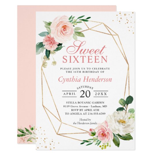 Modern Elegance Blush Pink Floral Sweet Sixteen 16 Invitation