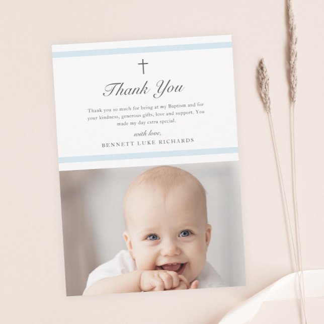 Modern Elegance Boys Baptism (Modern boys photo baptism thank you card with light blue bars and script type.)