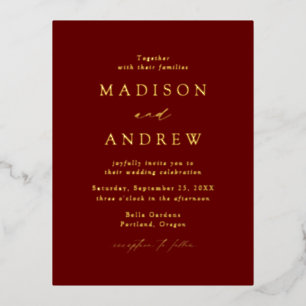 Modern Elegance Burgundy and Gold Wedding Foil Invitation Postcard
