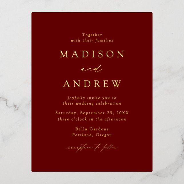 Modern Elegance Burgundy and Gold Wedding Foil Invitation Postcard (Front)