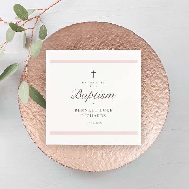 Modern Elegance Girls Baptism Napkin (Modern girls baptism napkin with simple pink bars, script typography and simple cross. )