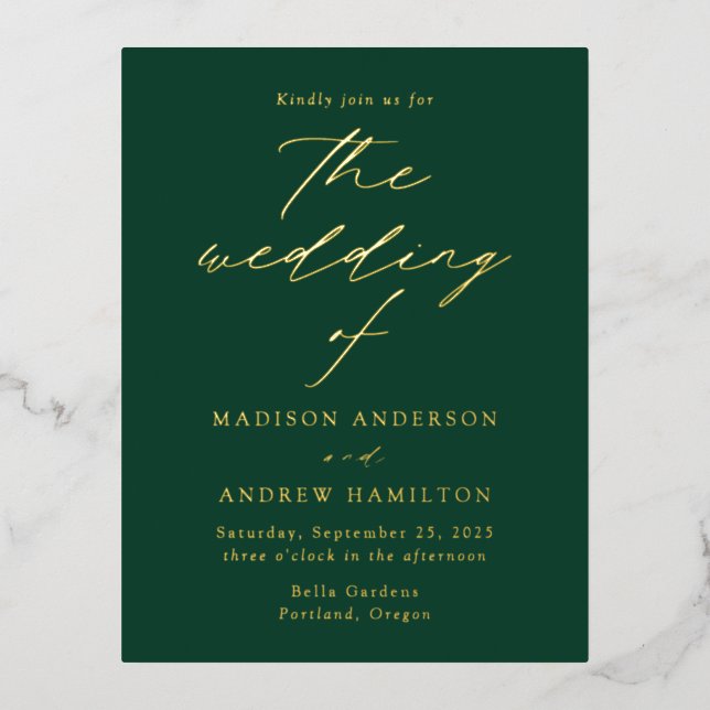 Modern Elegance Green and Gold Wedding Foil Invitation Postcard (Front)