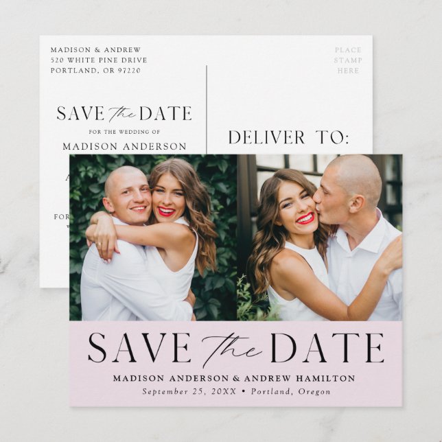 Modern Elegance Lavender Two Photo Save the Date Announcement Postcard (Front/Back)