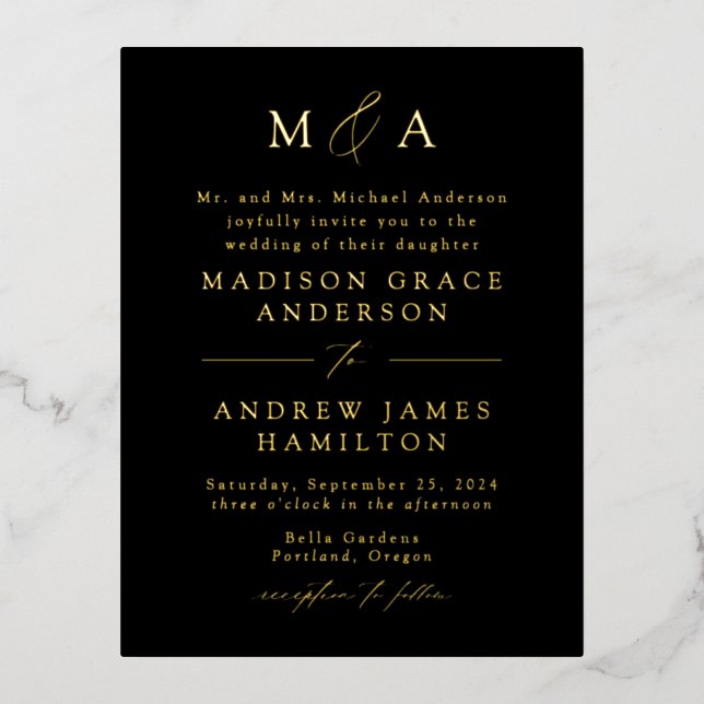 Modern Elegance Monogram Black and Gold Wedding Foil Invitation Postcard (Front)
