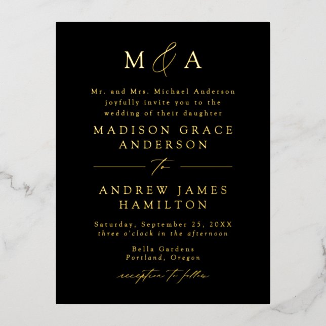 Modern Elegance Monogram Black and Gold Wedding Foil Invitation Postcard (Front)