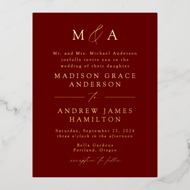 Modern Elegance Monogram Burgundy and Gold Wedding Foil Invitation Postcard (Front)
