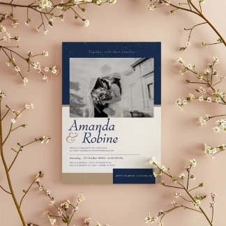 Modern Elegance Navy & Gold Wedding Photo Invitation