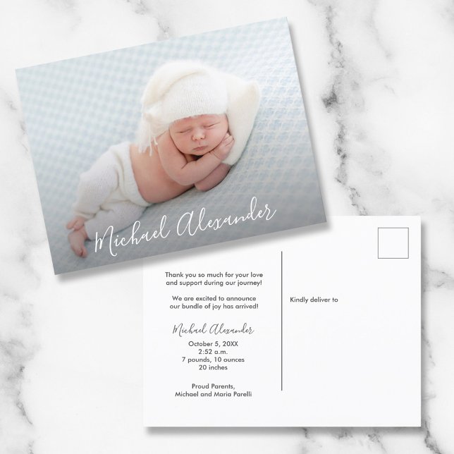 Modern Elegance Photo Baby Boy Birth Announcement Postcard (Creator Uploaded)