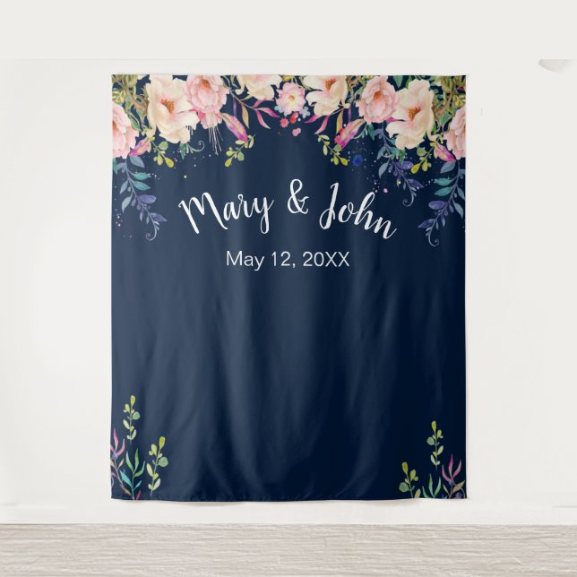 Modern Elegance Pink Floral Wedding Photo Backdrop Tapestry (Front)