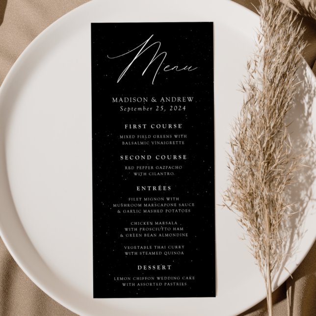 Modern Elegance Speckled Black and White Wedding Menu (Creator Uploaded)