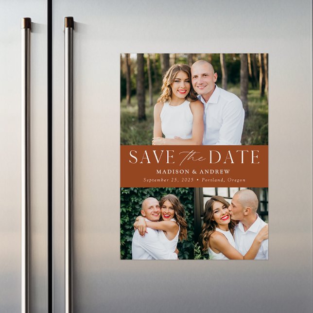 Modern Elegance Terracotta 3 Photo Save the Date Magnetic Invitation (Creator Uploaded)
