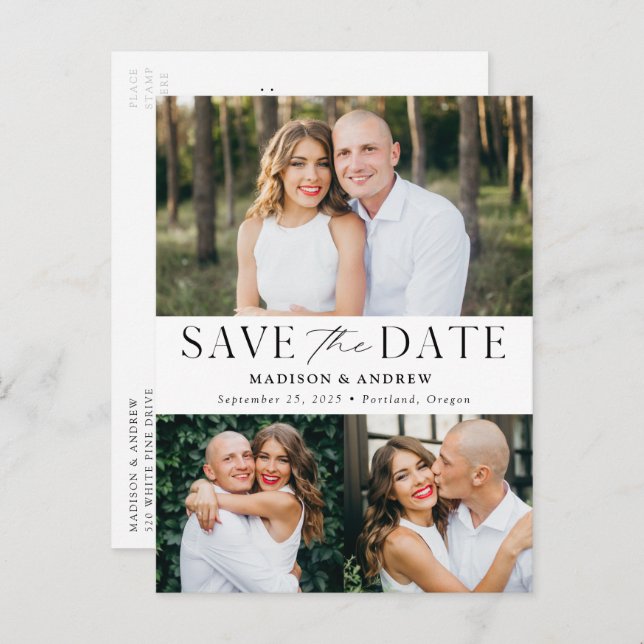 Modern Elegance Three Photo Save the Date Announcement Postcard (Front/Back)