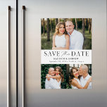 Modern Elegance Three Photo Save the Date Magnetic Invitation<br><div class="desc">Announce your wedding date with this stylish, modern photo save the date magnet. The design features three of your favorite engagement photos with "Save the Date" displayed in black serif and script fonts against a white background. Personalize the minimalist save the date magnet by adding your names, date, and wedding...</div>