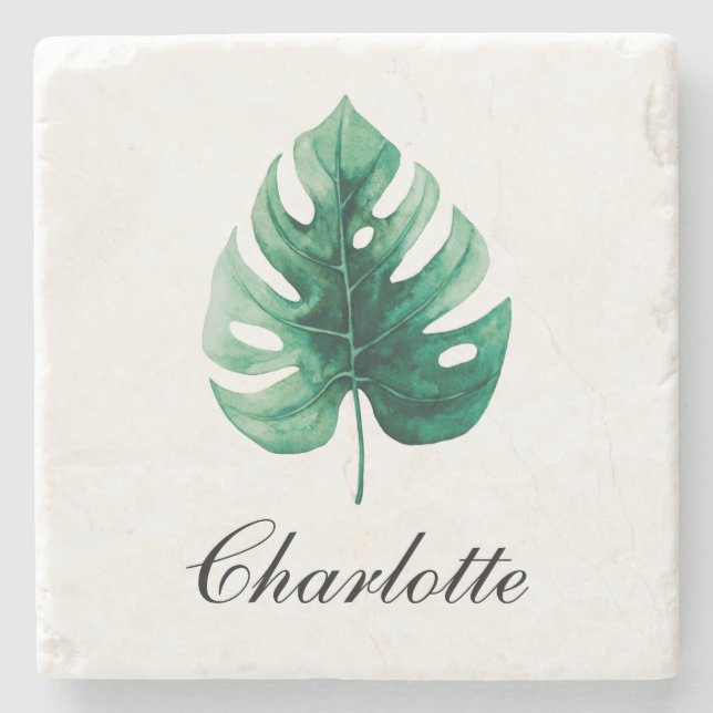 Modern Elegance Watercolor Green Monstera Plant Stone Coaster (Front)