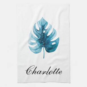Modern Elegance Watercolor Monstera Blue Leaf Tea Towel
