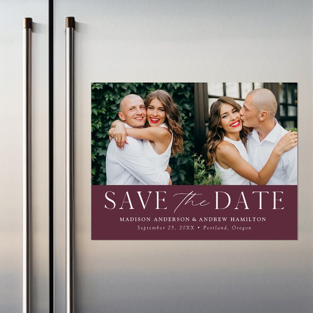 Modern Elegance Wine Two Photo Save the Date Magnetic Invitation (Creator Uploaded)