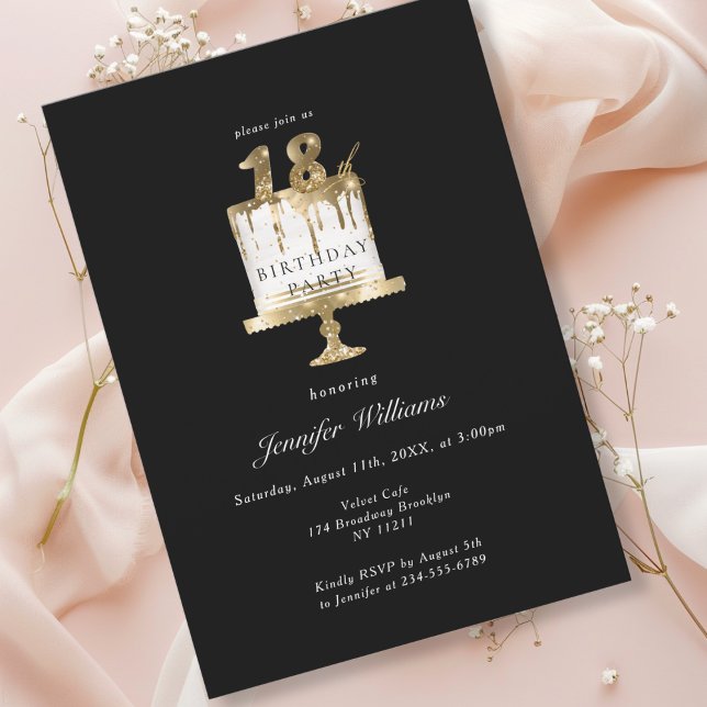 Modern, elegant 18. birthday black invitation (Modern, elegant, luxury, black & gold, 18. birthday invitation with cake illustration.)