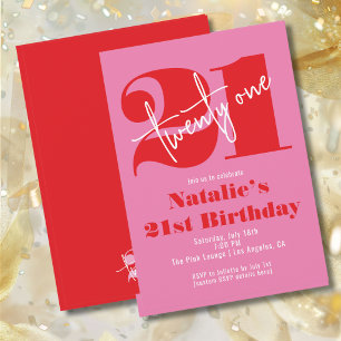 Modern Elegant 21st Birthday Pink Red Minimalist Invitation