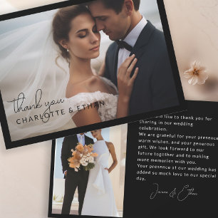 Modern Elegant 2 Photos Wedding Thank You Black Card