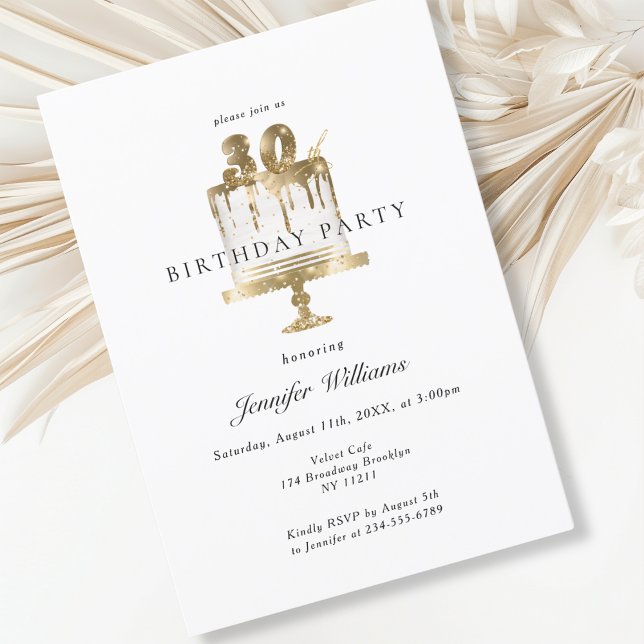 Modern, elegant 30. birthday invitation (Modern, elegant, white, cake, 30. birthday invitation.)