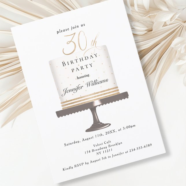 Modern, elegant 30. birthday invitation (Modern, elegant, luxury, white & gold, 30. birthday invitation with cake illustration.)
