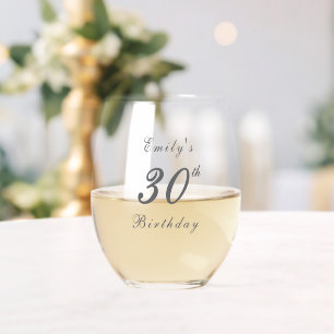 Modern Elegant 30th Birthday Party Stemless Wine Glass