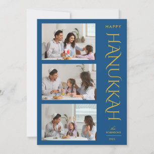 Modern Elegant 3 Photo Collage Blue Gold Hanukkah Holiday Card