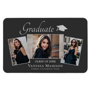Modern Elegant 3 Photo Grad Announcement Magnet