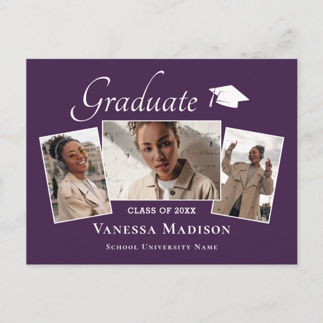 Modern | Elegant 3 Photo Graduation Announcement Postcard (Front)
