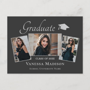 Modern Elegant 3 Photo Graduation Announcement Postcard