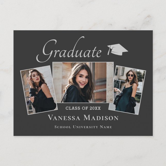 Modern | Elegant 3 Photo Graduation Announcement Postcard (Front)