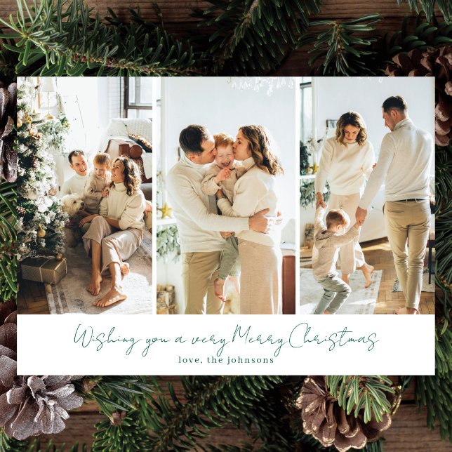 Modern Elegant 3 Photo Green Script Holiday Card (Creator Uploaded)