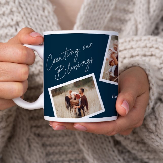 Modern Elegant 4 Photo Collage Family Gift Coffee Mug (A modern counting our blessings script 4 photo collage mug in navy blue.)