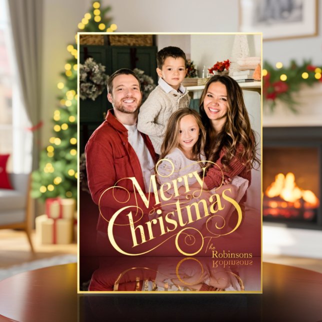 Modern Elegant 4 Photo Minimal Script Christmas Foil Holiday Card (Creator Uploaded)
